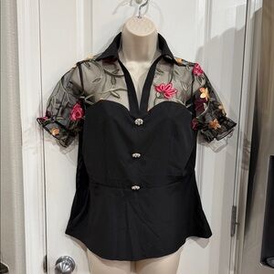 Floral Embroidered Black Sheer Sleeve Top